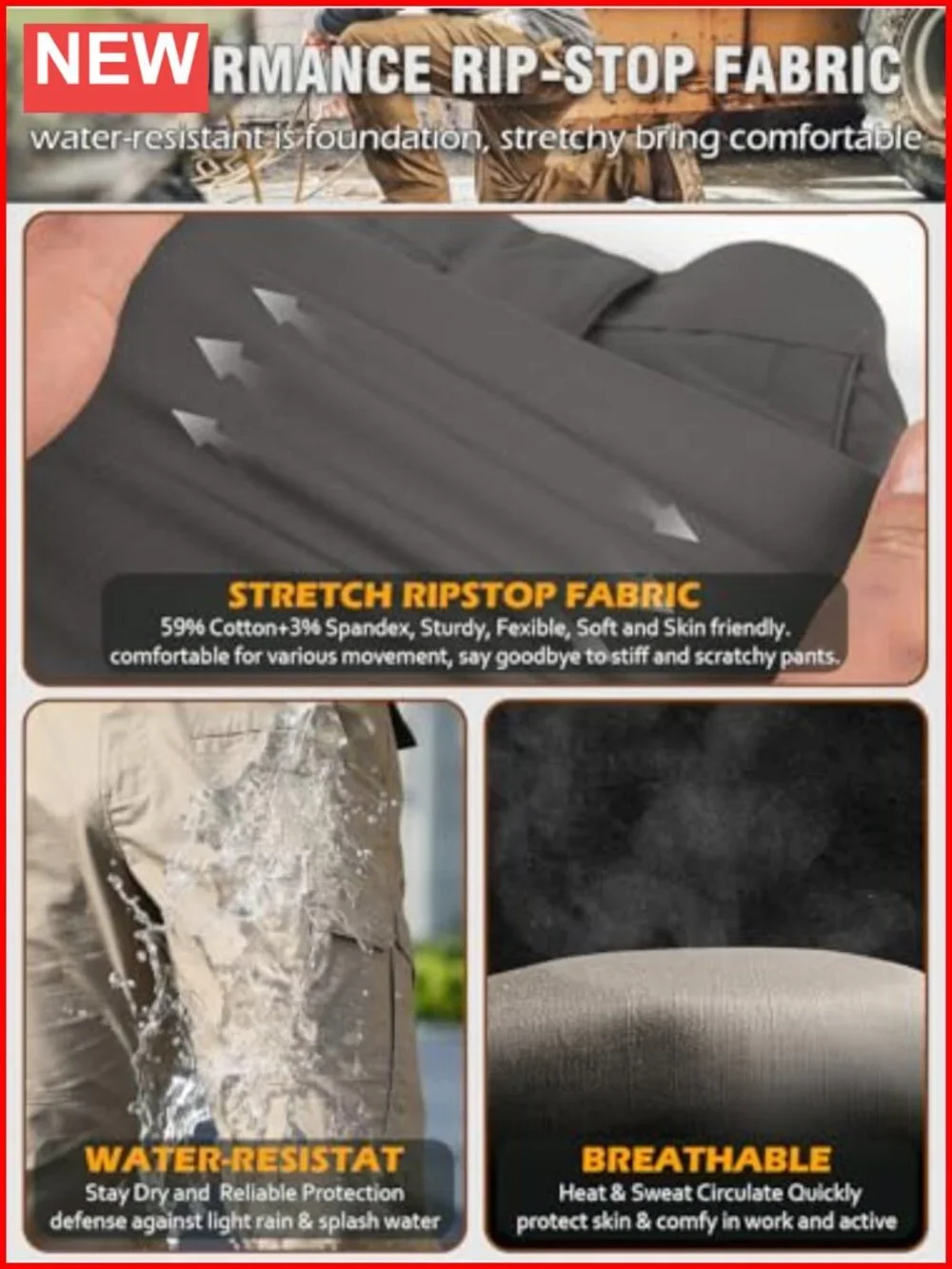 Cargo Work Pants Stretch Ripstop Water Resistant Utility Tactical 12 Pockets
